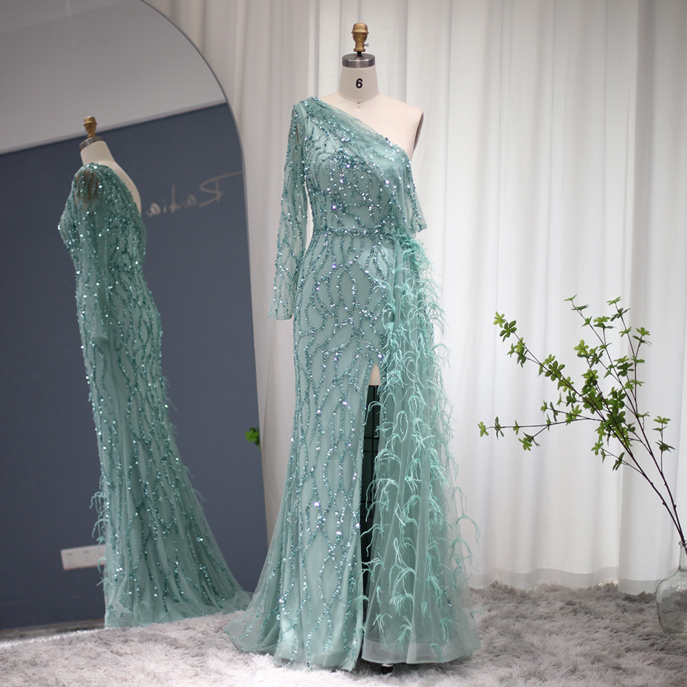 Luxury Feathers Dubai Sage Green Evening Dress Overskirt Pink One ...