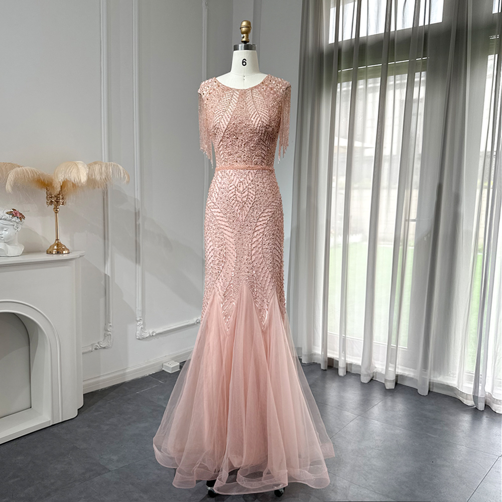 Luxury Dubai Pink Crystal Tassel Mermaid Evening Dresses For Woman Arabic Wedding Party Fromal Dress