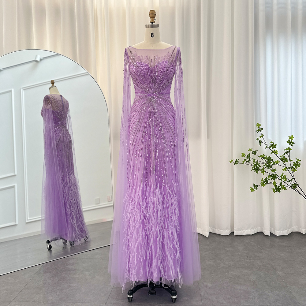 Luxury Dubai Lilac Feathers Evening Dresses With Cape Sleeves Arabic Long Women Wedding Party Prom Dress