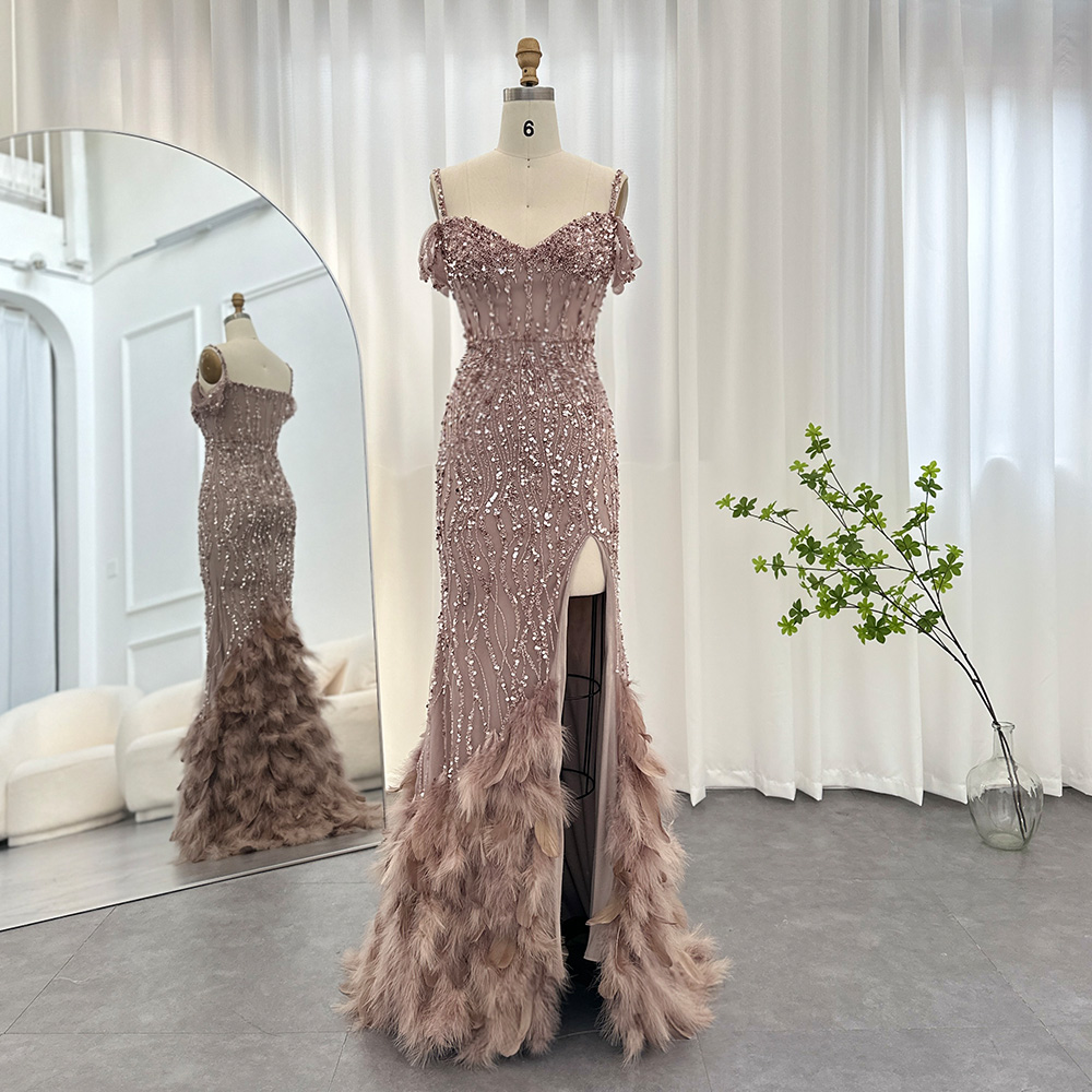 Luxury Pink Mermaid Feathers Prom Dresses Spaghetti Straps Green Black Blue Women Wedding Evening Dress