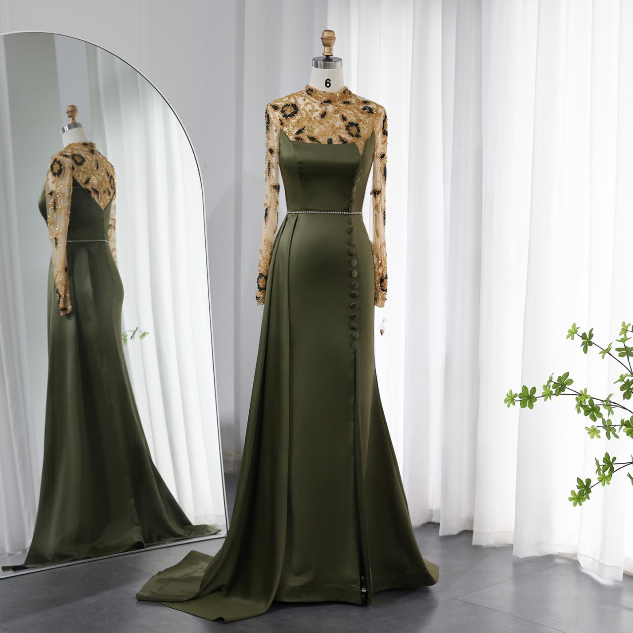 Luxury Dubai Olive Green Mermaid Evening Dress For Women Wedding Elegant Long Sleeve Muslim Formal Party Gowns
