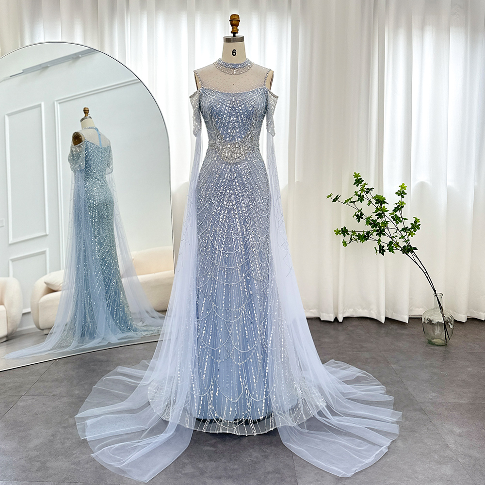 Light Blue Evening Dress For Woman Wedding Birthday Party Cape Sleeves Arabic Long Formal Dress Prom Gown