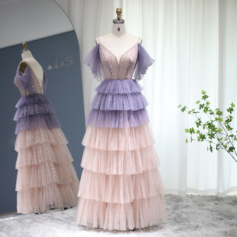 Bling Ombre Lilac Pink Evening Dress Luxury Dubai Cape Sleeve Long Formal Party Gowns For Women Wedding