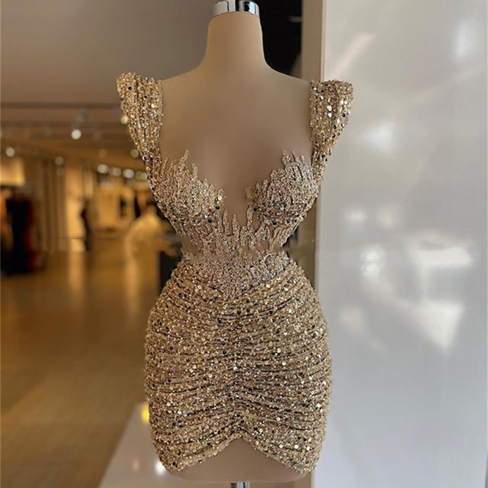 Gold Prom Dresses Mini Short Beaded Formal Party Night Vestidos Elegant Cocktail Dress Homecoming Gowns