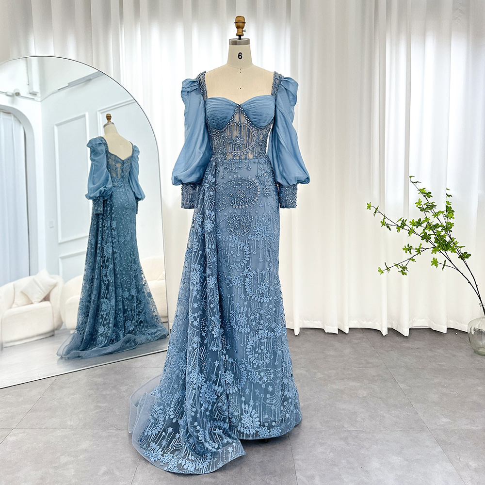 Elegant Blue Mermaid Arabic Evening Dresses With Overskirt Long Sleeves For Woman Wedding Party Gown Plus Size