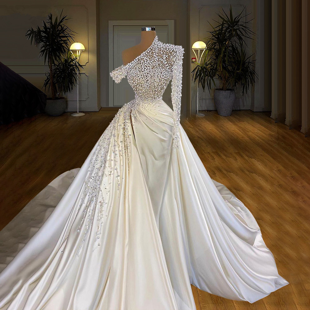 Luxurious Pearls Beading Wedding Dress White One Shoulder Satin Chapel Train Mermaid Custom Made Elegant Bride Dresses Exquisite