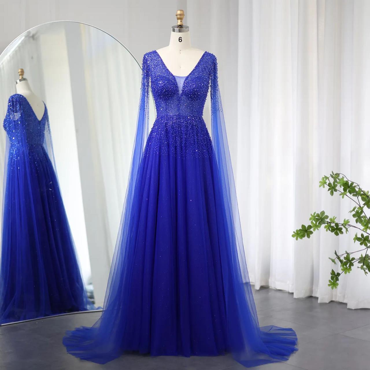Royal Blue Luxury Dubai Evening Dress With Cape Sleeves Elegant Pink V-neck Purple Women Wedding Party Gowns