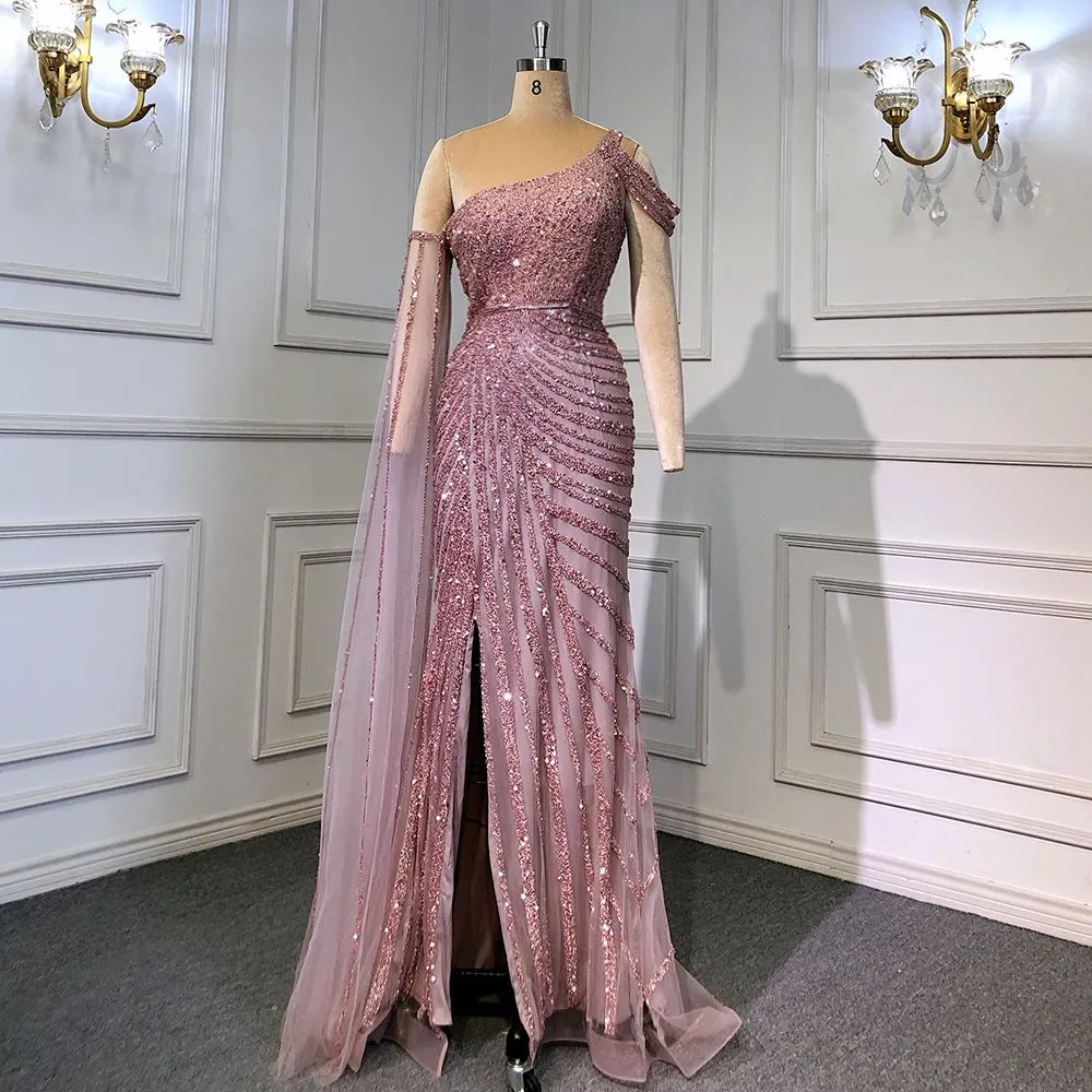 Pink One-shoulder Cape Sleeve Evening Dresses Gowns Luxury Mermaid Beaded Elegant For Women Party