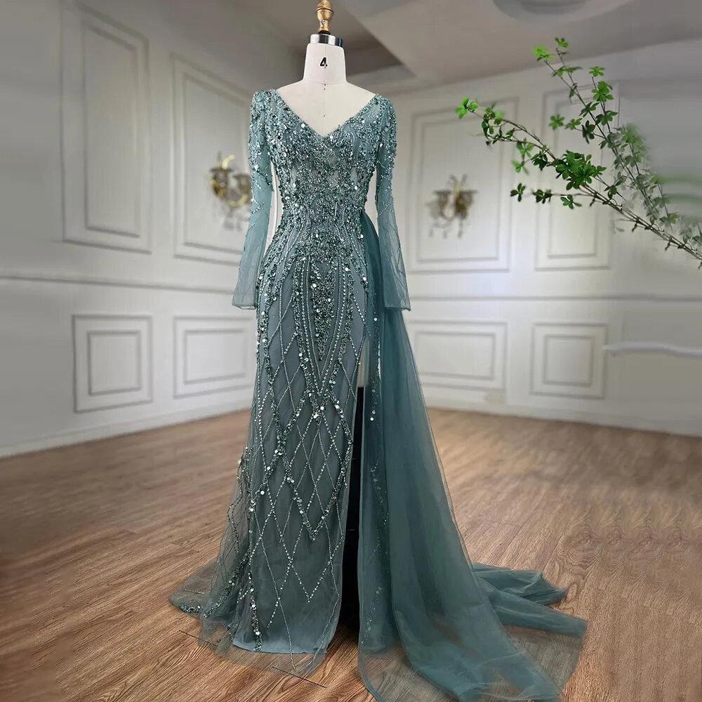 Turquoise High Split Meramid Long Sleeves Evening Dress With Beaded For Women Wedding Party