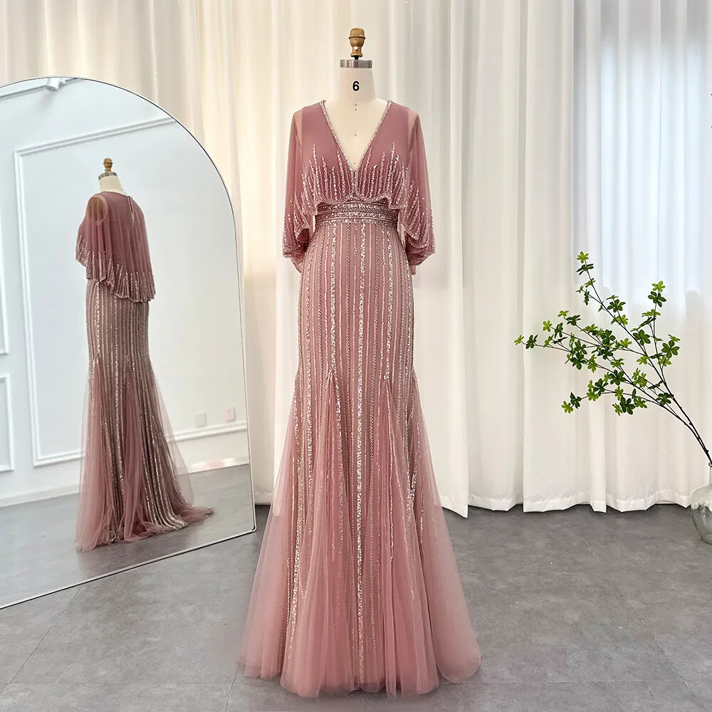 Luxury Pink Mermaid Dubai Evening Dresses With Cape Elegant V-neck Arabic Women Wedding Formal Party Gown