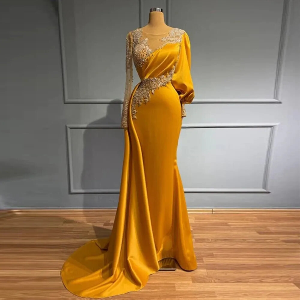 Gold Women's Evening Dresses Luxury Lace Applique Bead String Mermaid Satin Pleated Princess Prom Gowns