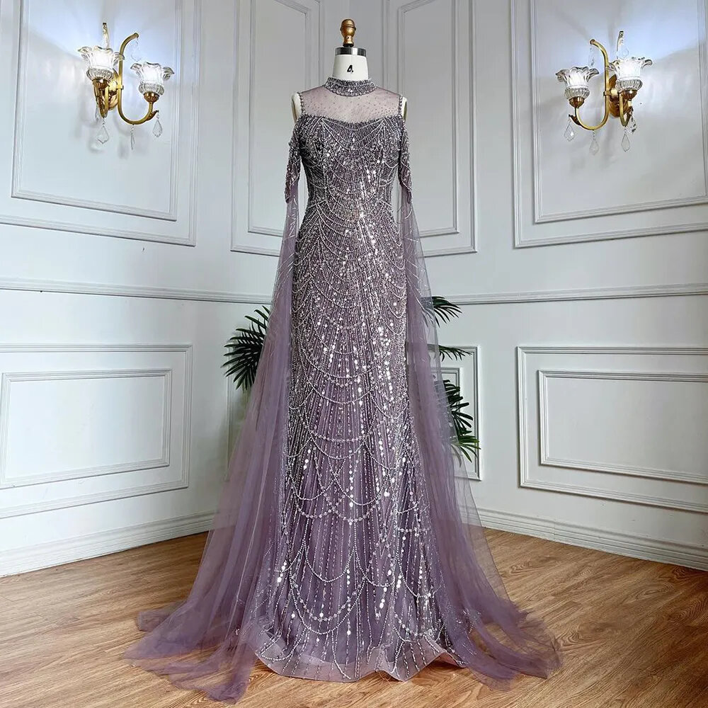 Arabic Purple Mermaid Cape Sleeves Beaded Luxury Long Evening Dresses Gowns For Woman Wedding Party