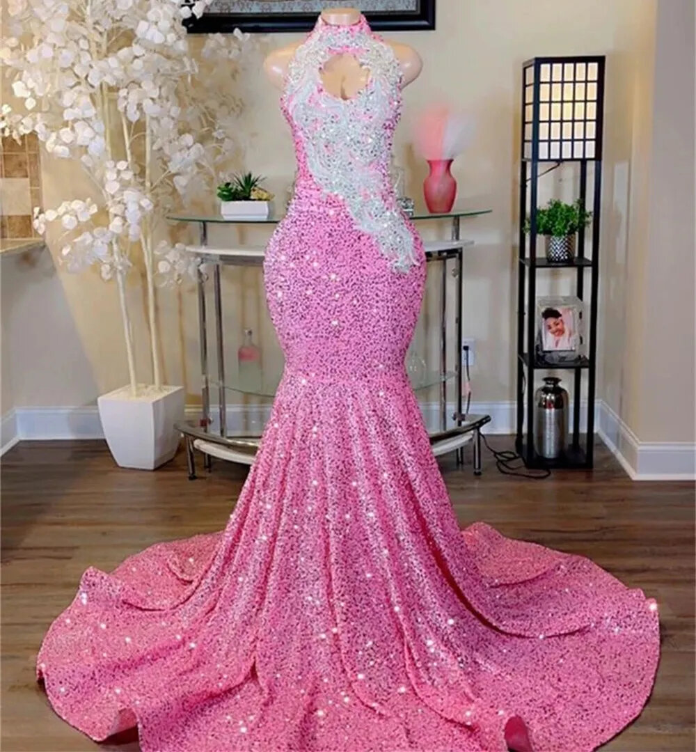 Charming Pink Sequins Prom Dresses Black Girls Luxury Mermaid Evening Formal Occasion Gowns Halter Neck Plus Size Party