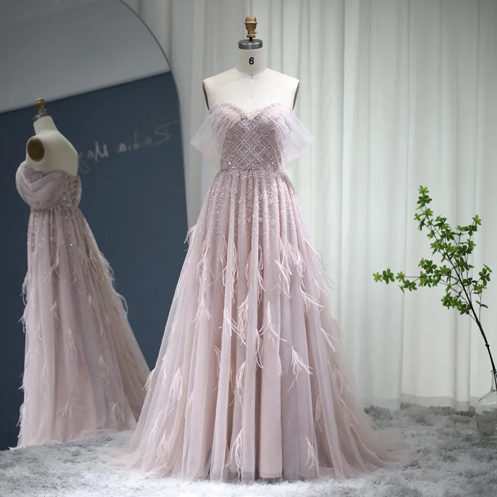 Luxury Feather Pink Dubai Evening Dresses Elegant Off Shoulder Beaded Champagne Formal Dress For Women Wedding
