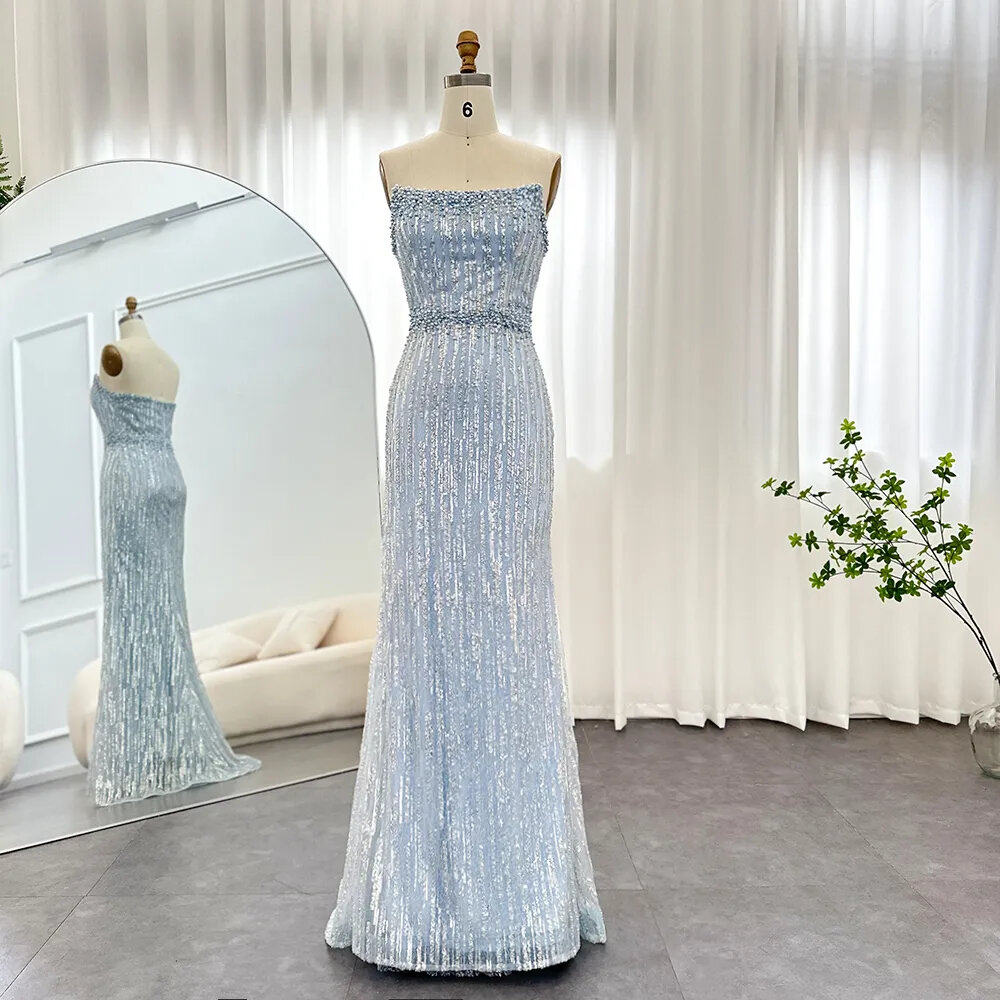 Luxury Dubai Light Blue Mermaid Evening Dresses For Woman Elegant Arabic Wedding Party Prom Gowns