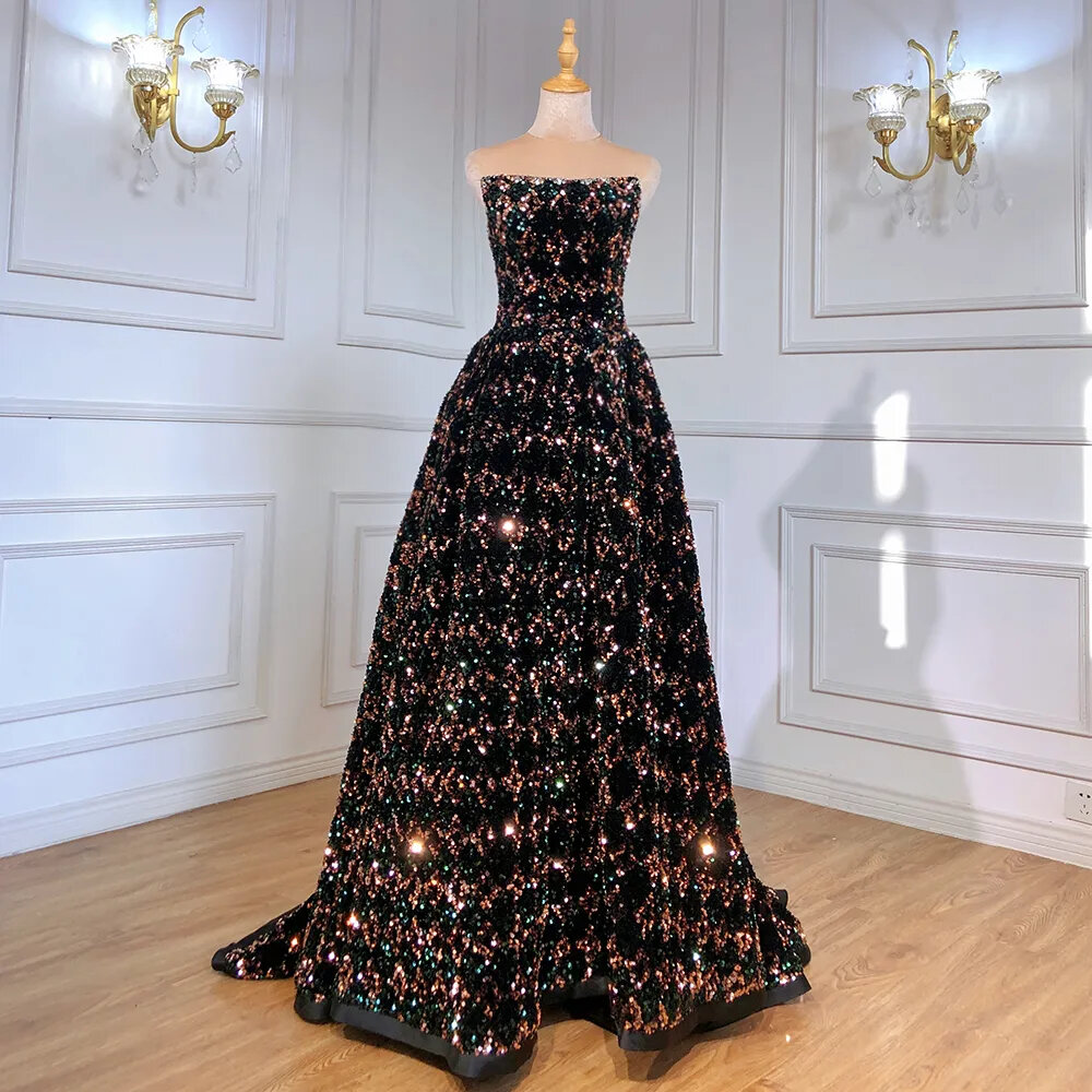 Black Gold Strapless Evening Dresses Sequin Luxury A-line For Women Wedding Party Gowns