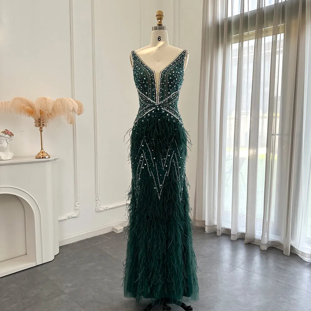 Luxury Green Feathers Evening Dress For Women Wedding Champagne Pink Gold Party Dress Long Formal Prom Gown