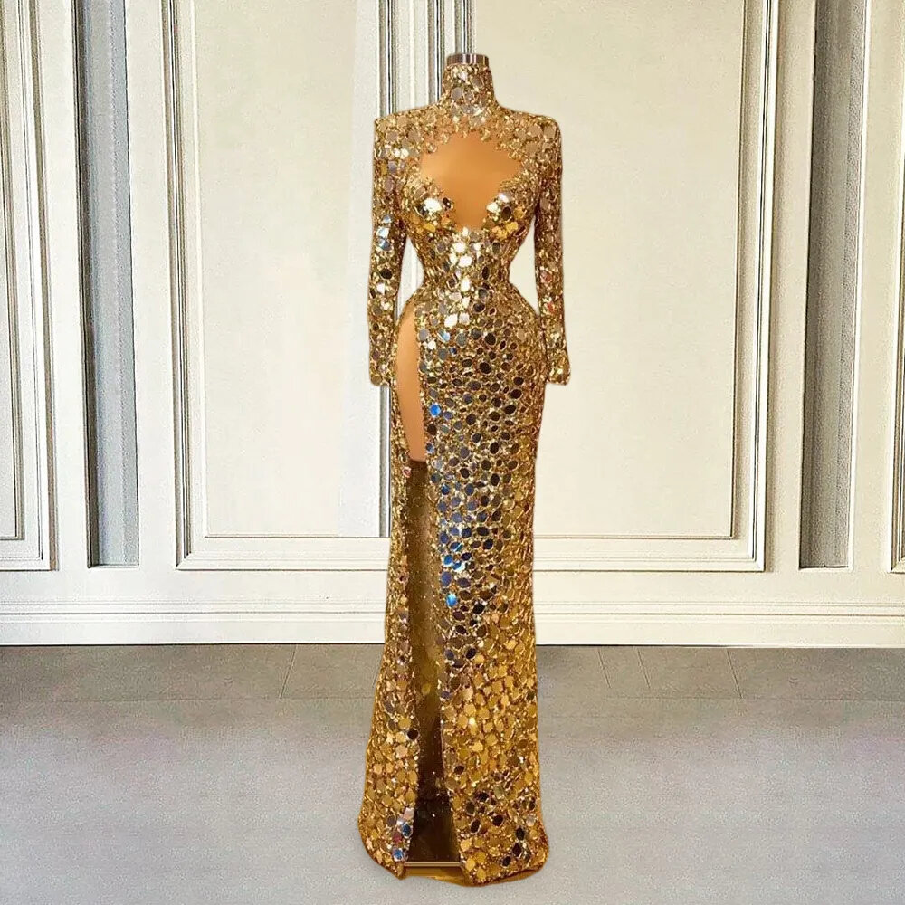 Shiny Sequin Gold Evening Dress Luxury Mermaid Long Sleeves High Slit Sexy African Women Formal Prom Party Gown