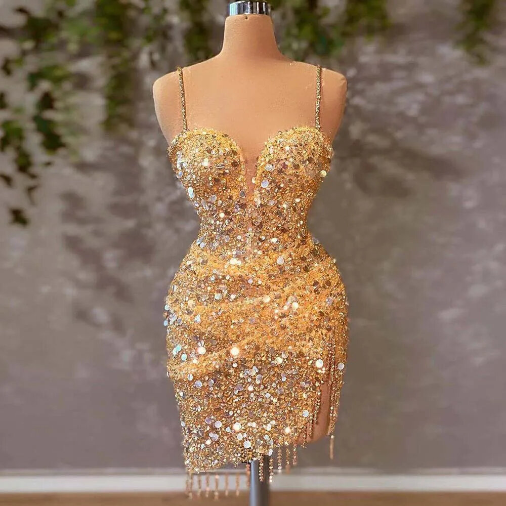 Yellow Cocktail Dresses Spaghetti Strap Bead Mini Evening Formal Gowns Sparkle Tassel Elegant Dress Women For Wedding Party