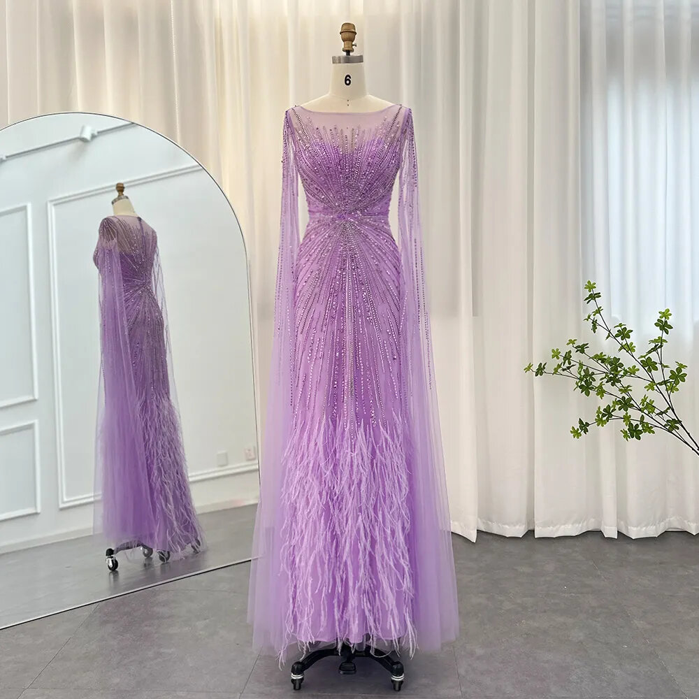 Luxury Dubai Lilac Feathers Evening Dresses With Cape Sleeves Arabic Long Women Wedding Party Prom Dress