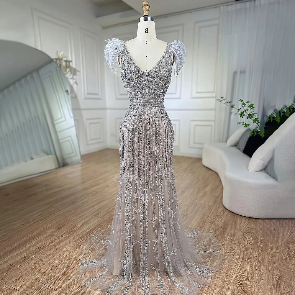 Arabic Mermaid Grey Nude V Neck Evening Dresses Gowns Feather Beaded Elegant For Women Wedding Party