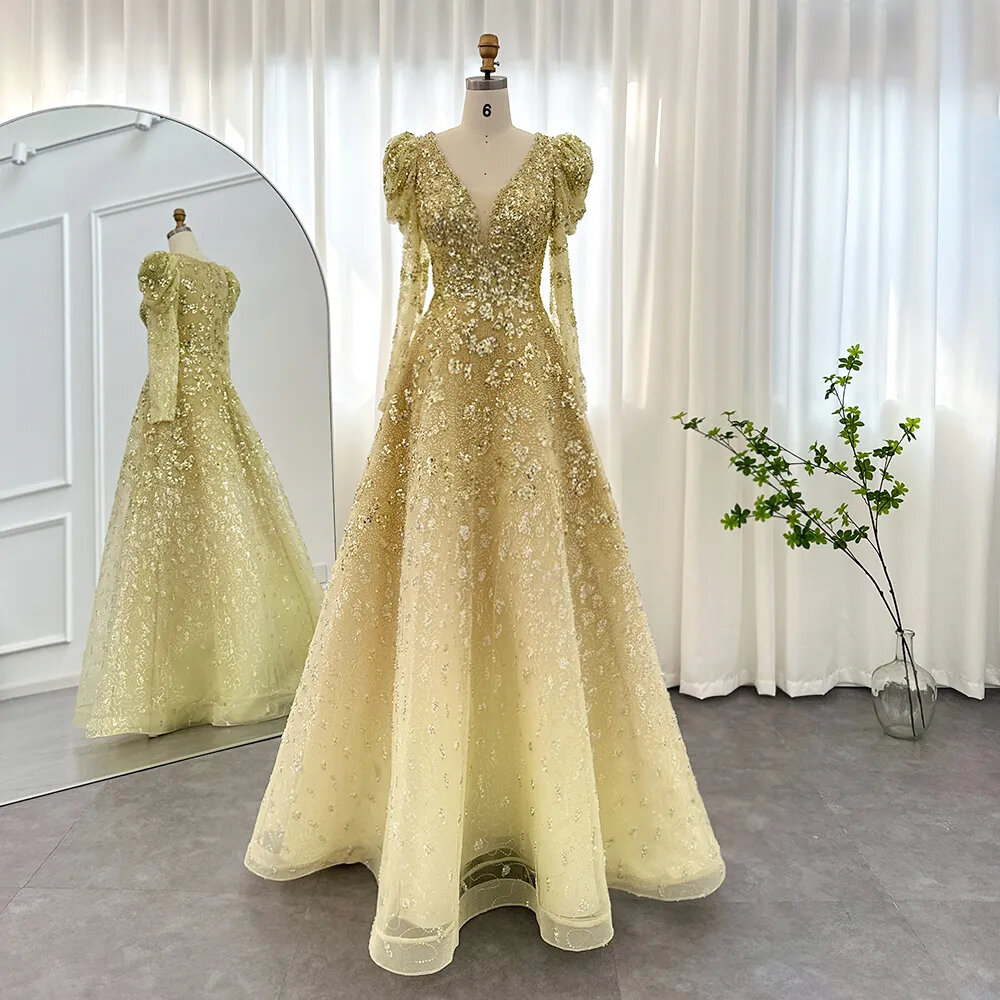 Luxury Dubai Yellow Arabic Evening Dress Elegant Long Sleeve Blue Muslim Women Wedding Formal Party Gowns