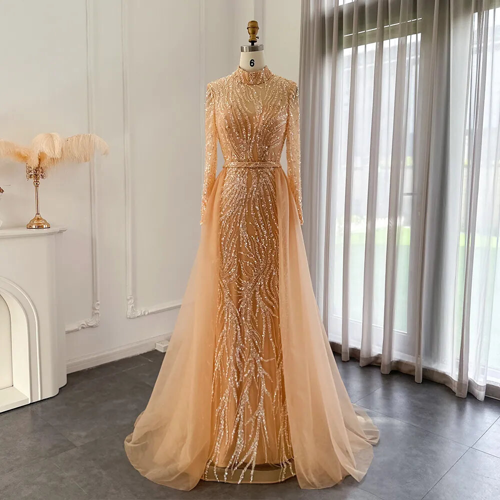Elegant Gold Mermaid Arabic Evening Dress With Overskirt Long Sleeves Luxury Muslim Wedding Formal Party Gown
