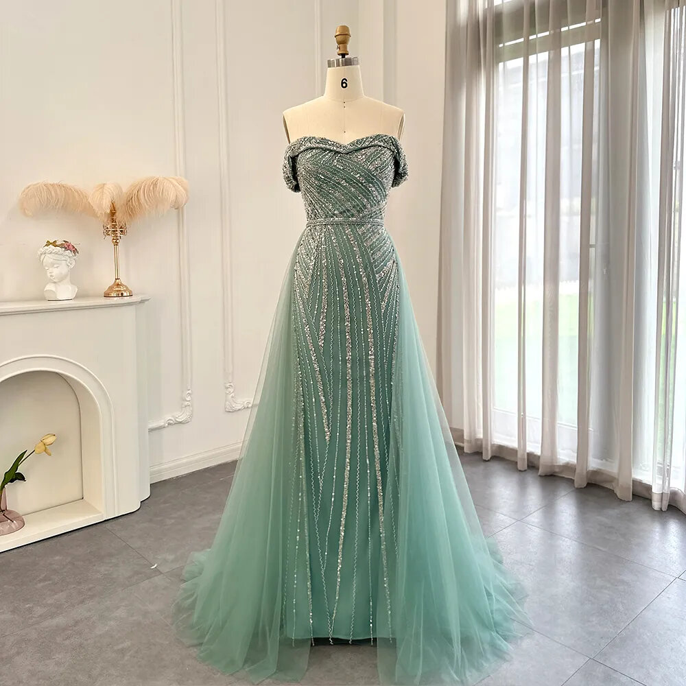 Elegant Off Shoulder Sage Green Overskirt Evening Dresses Luxury Dubai Women Wedding Formal Party Gowns