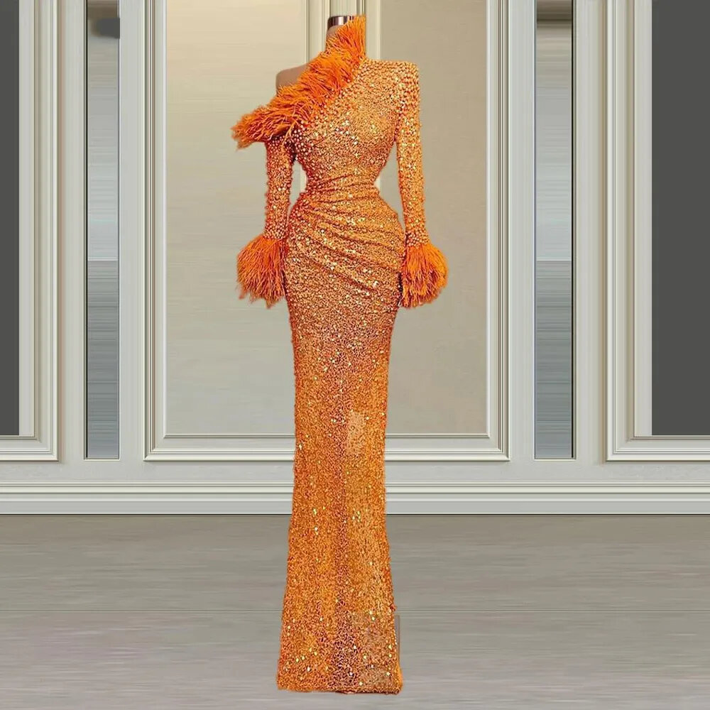 Orange Women's Long Sleeved Evening Dresses Shiny Bead String Mermaid Pleated Feather Princess Prom Gowns Formal Robes