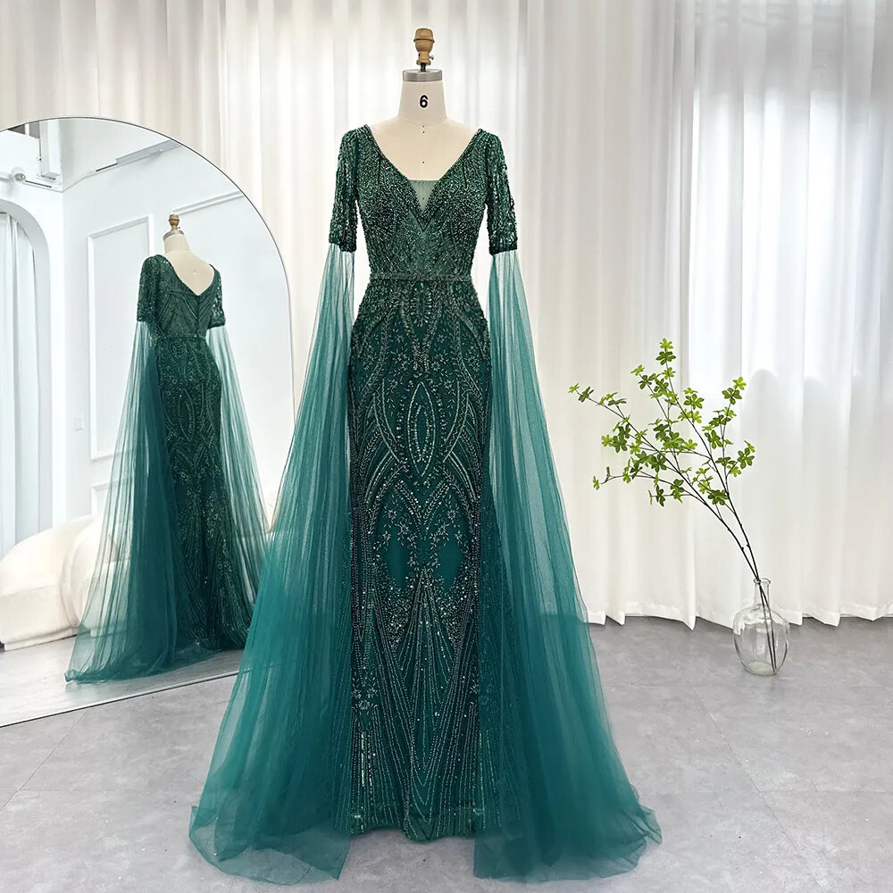 Luxury Emerald Green Evening Dresses With Cape Sleeves Elegant Rose Gold Gray Women Wedding Party Gowns