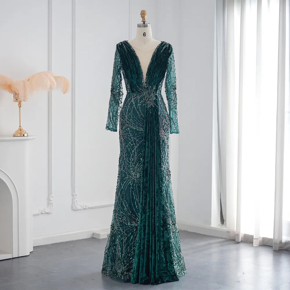Emerald Green Velvet Mermaid Evening Dresses Long Sleeves Luxury Dubai Arabic Women Wedding Guest Party Dress