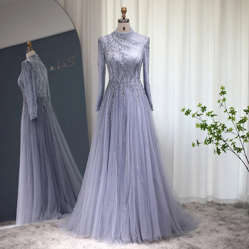 Luxury Dubai Grey Blue Muslim Evening Dress Long Sleeve Elegant Women Arabic Formal Dresses For Wedding Party