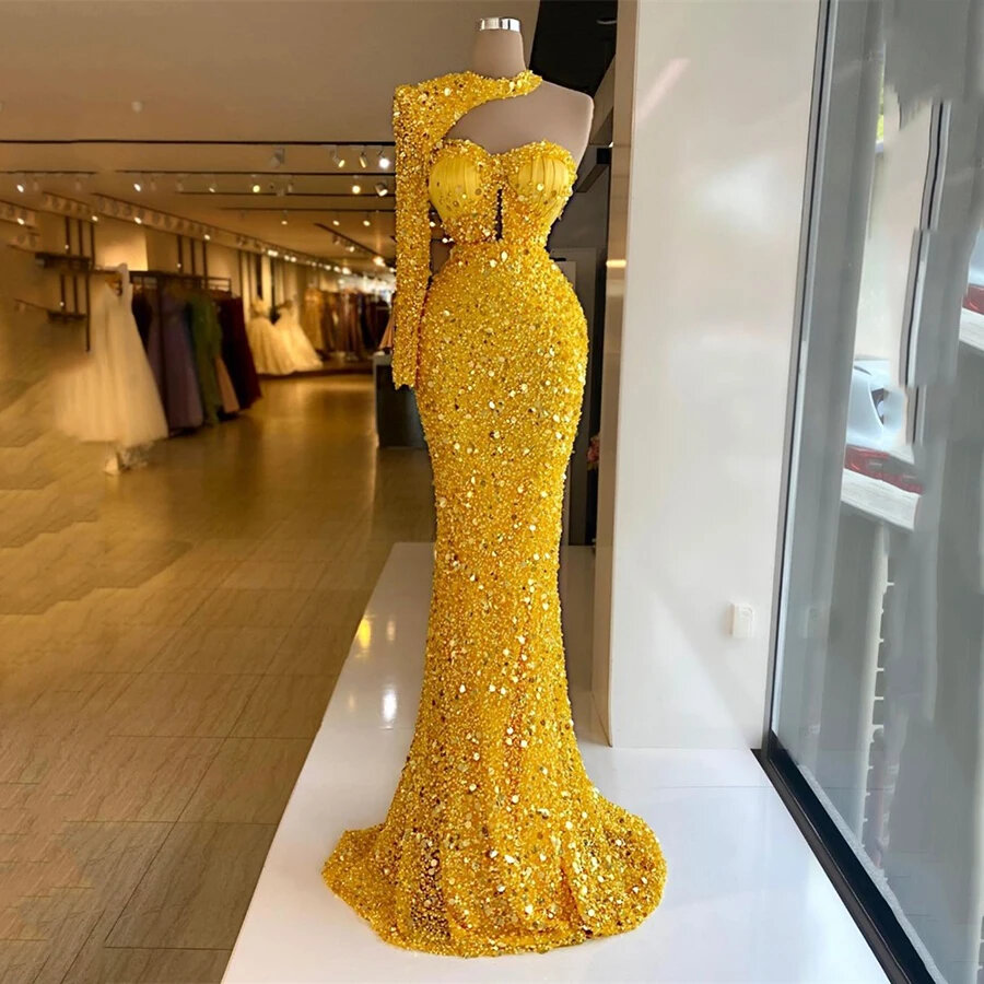 One-shoulder Gold Evening Dresses With Sleeve Luxury Crystals Mermaid Prom Gown, Long Party Dress Formal