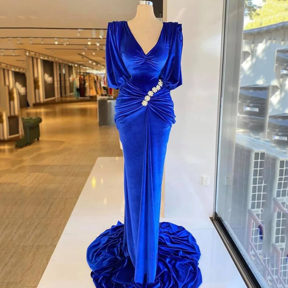 Deep V-neck Mermaid Evening Gown Royal Blue Velvet Prom Dress With Sleeves Velour Pageant Party Dress Custom Made