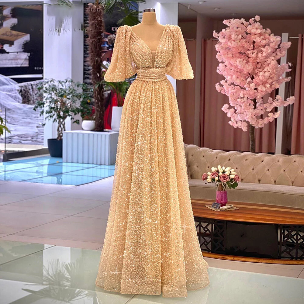 Luxury Sequin Glitter Evening Dresses Ruched V Neck A Line Half Sleeves Shiny Party Women Gowns Sweep Train
