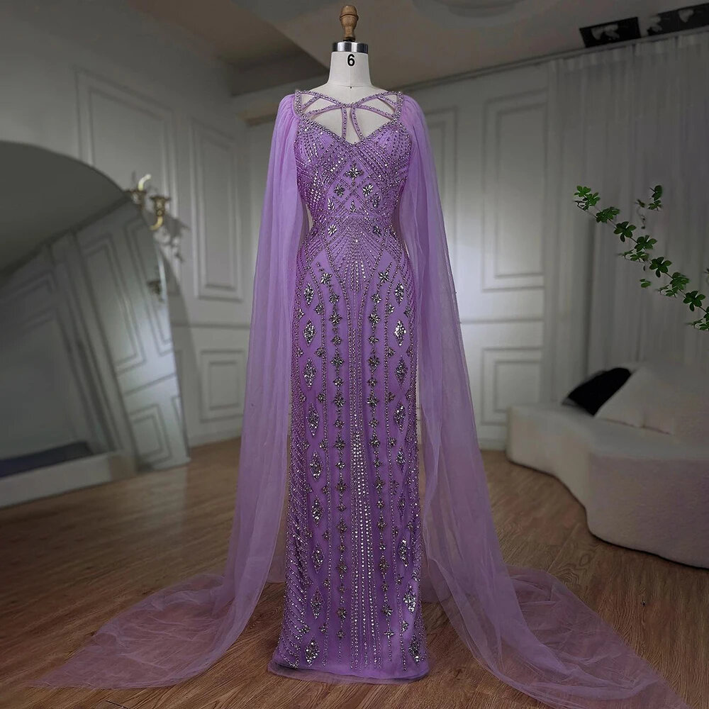 Arabic Luxury Dubai Mermaid Elegant Lilac Shawl Yarn Sexy Beaded Evening Dresses Gowns For Women Party