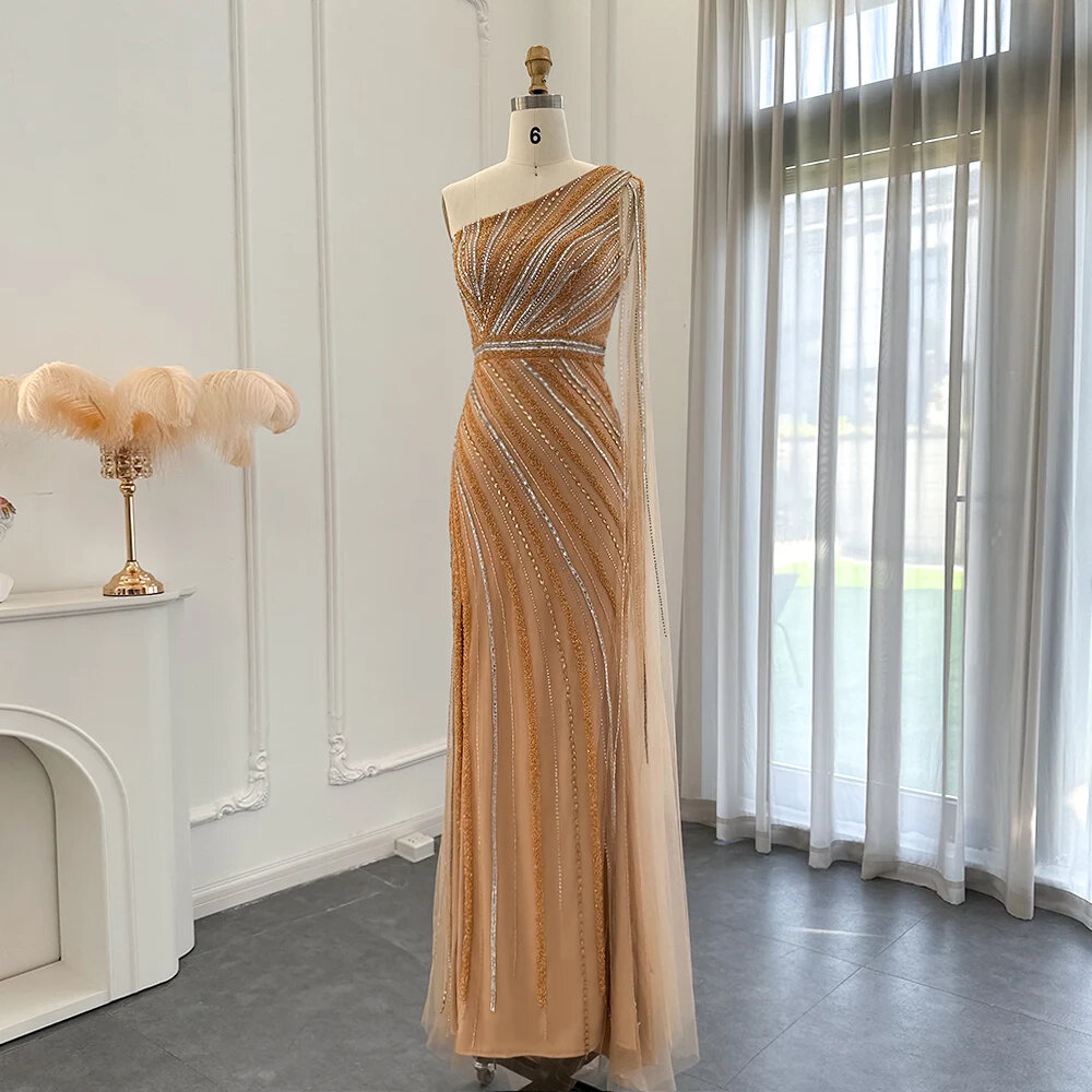 Luxury Dubai Gold Mermaid Beaded Evening Dress With One Shoulder Long Elegant Women Wedding Formal Party Gowns