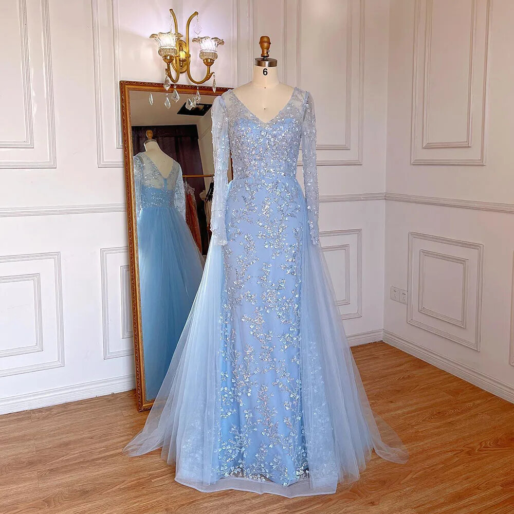 Blue Mermaid Elegant With Train Beaded Luxury Arabic Evening Dresses Gowns For Women Wedding Party