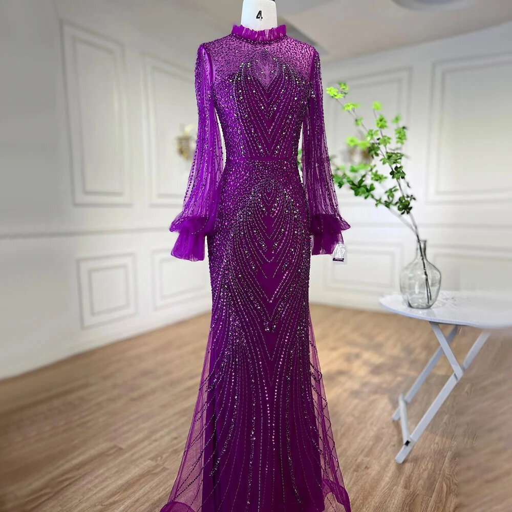 Purple Mermaid Elegant High Neck Evening Dresses Gowns Long Sleeves Beaded Luxury For Women Party