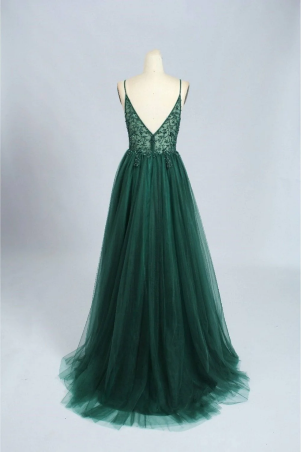 Emerald Green V-Neck Lace Top Ball Gown Prom Dress