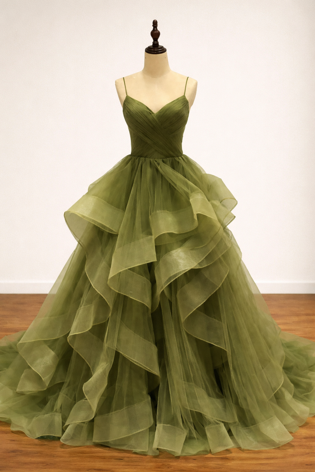 olive green tulle dress Sage Olive Green Spaghetti Strap Tulle Dream A-line Long Prom Dress, P SposaBridal