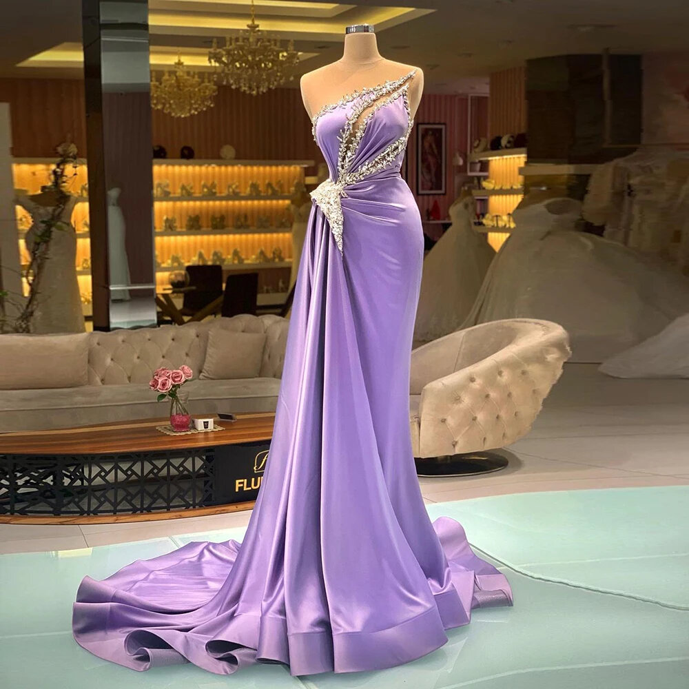 Sheer Neck Lilac Evening Dresses Beaded Satin Mermaid Party Dress Long Formal Occasion Wear Robe De Soiree