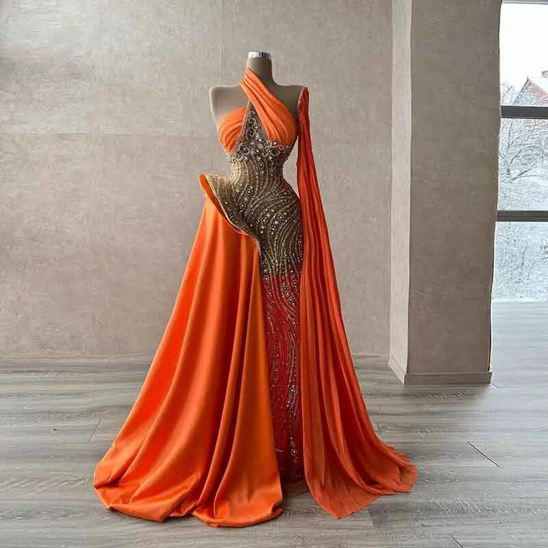 Elegant Sheer Beading Orange Evening Gowns One Shoulder Sexy See