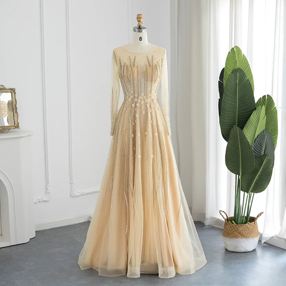 Elegant Gold 3d Flowers Luxury Dubai Evening Dresses For Women Wedding Party Beading Arabic Formal Prom Gowns