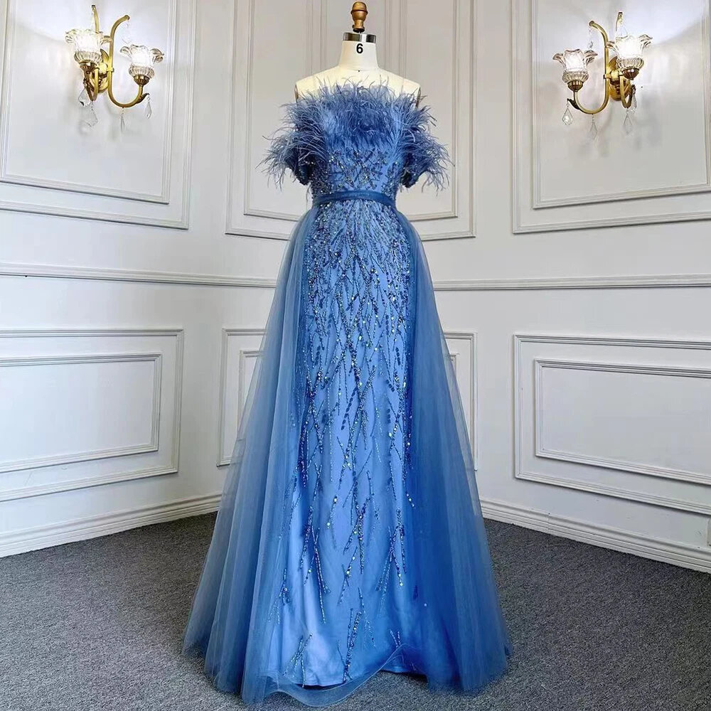 Luxury Beaded Blue Mermaid Elegant Overskirt Evening Dresses Gowns For Women Wedding Party