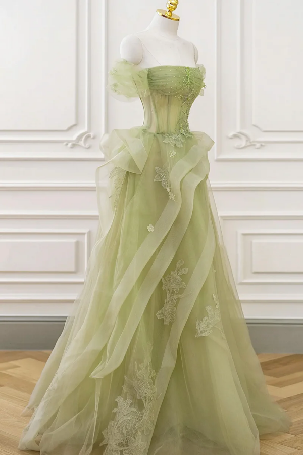 Green Tulle Lace Long Prom Dress With Corset, Green Formal Party Dress ...