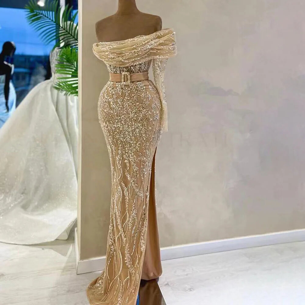 Mermaid One Shoulder Beaded Luxury Dubai Evening Dresses Gowns For Women Wedding Party