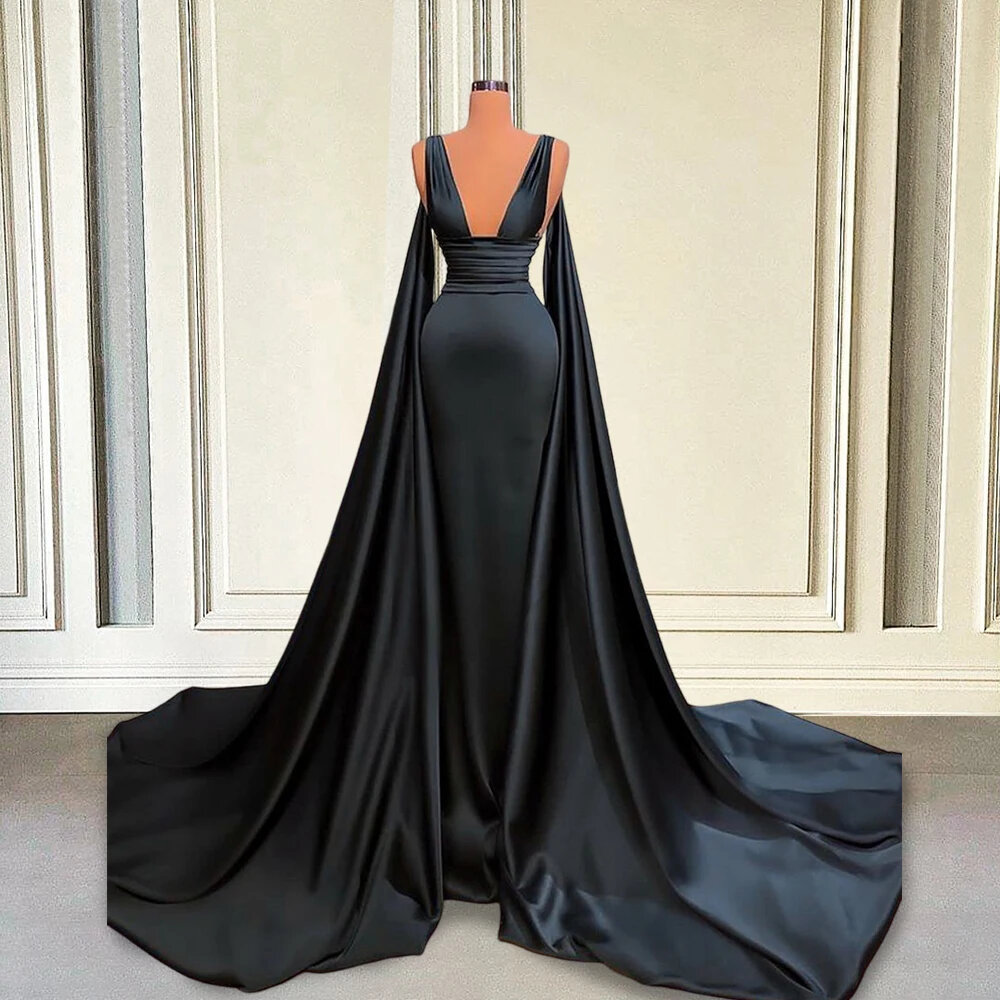 Black Evening Dresses Long Satin V-Neck Sleeveless with Shawl Saudi Arabia Dubai Women Formal Evening Gowns Plus Size