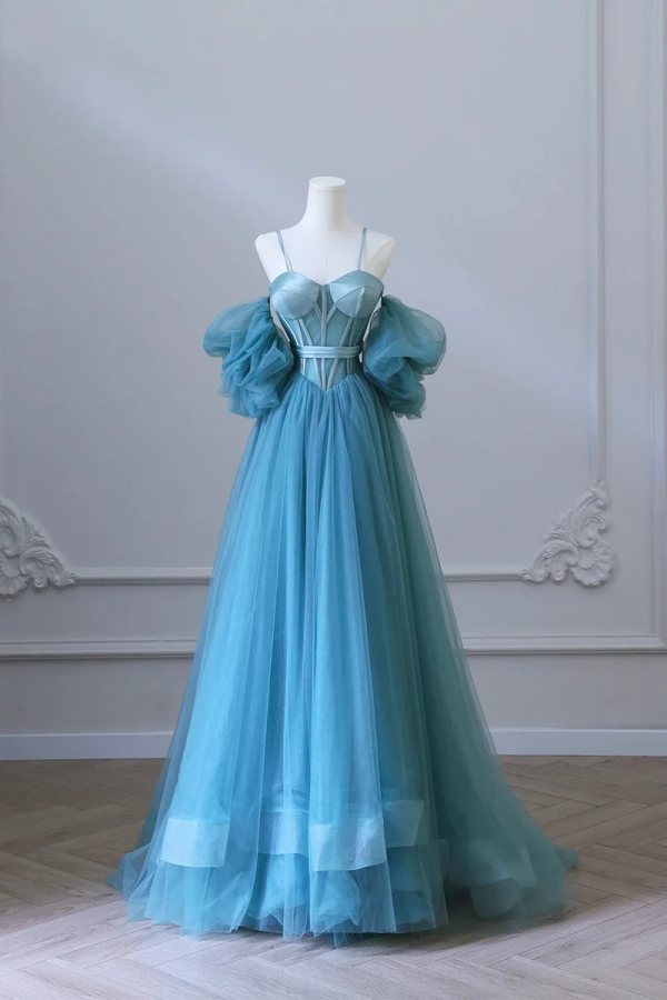 Blue Tulle Long Spaghetti Strap Prom Dress And Corset, Detachable Off  Shoulder Party Dress on Luulla