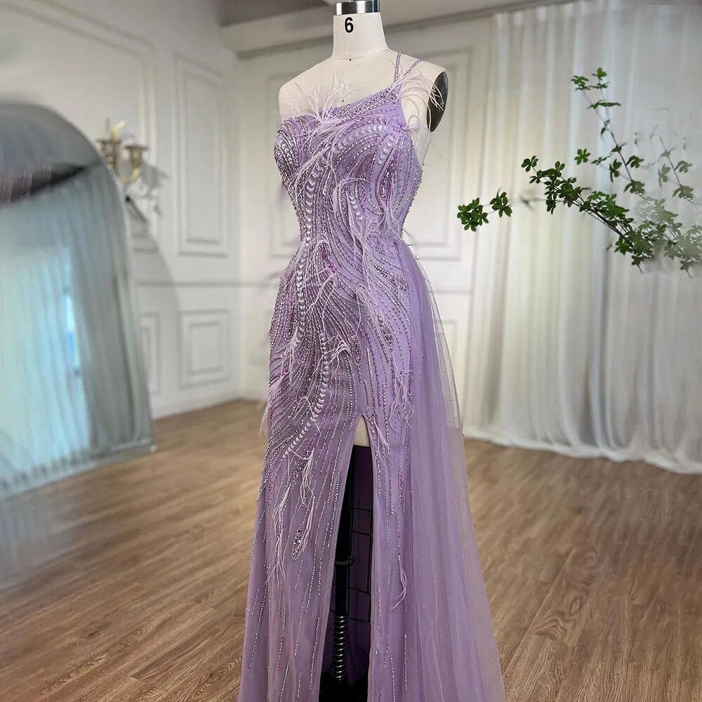 Lilac Mermaid Elegant One Shoulder Feathers Beaded Luxury Evening Dresses Gowns For Women Wedding Party